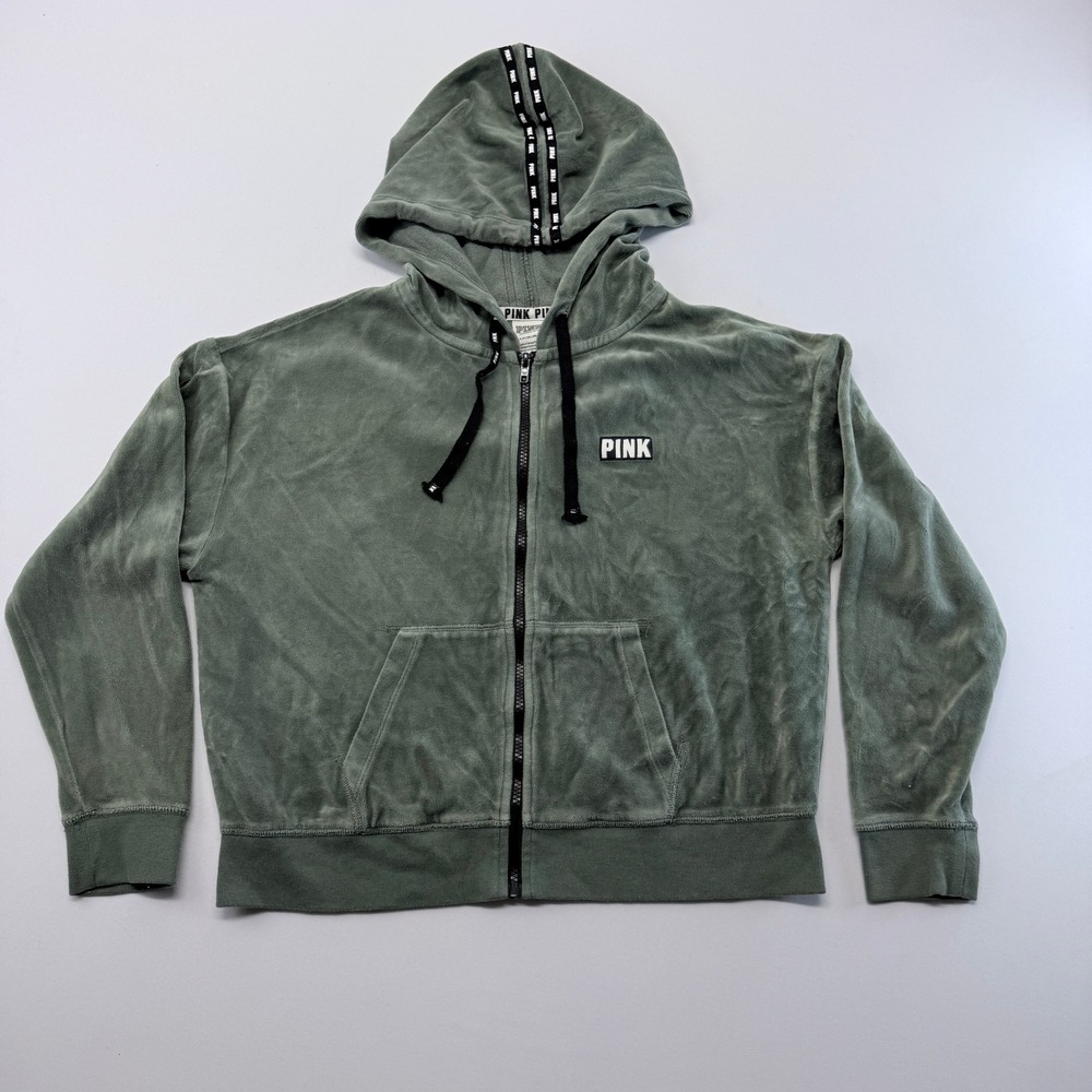 PINK Victoria's Secret Velour Full Zip Hoodie Sage Green Logo Tape Small